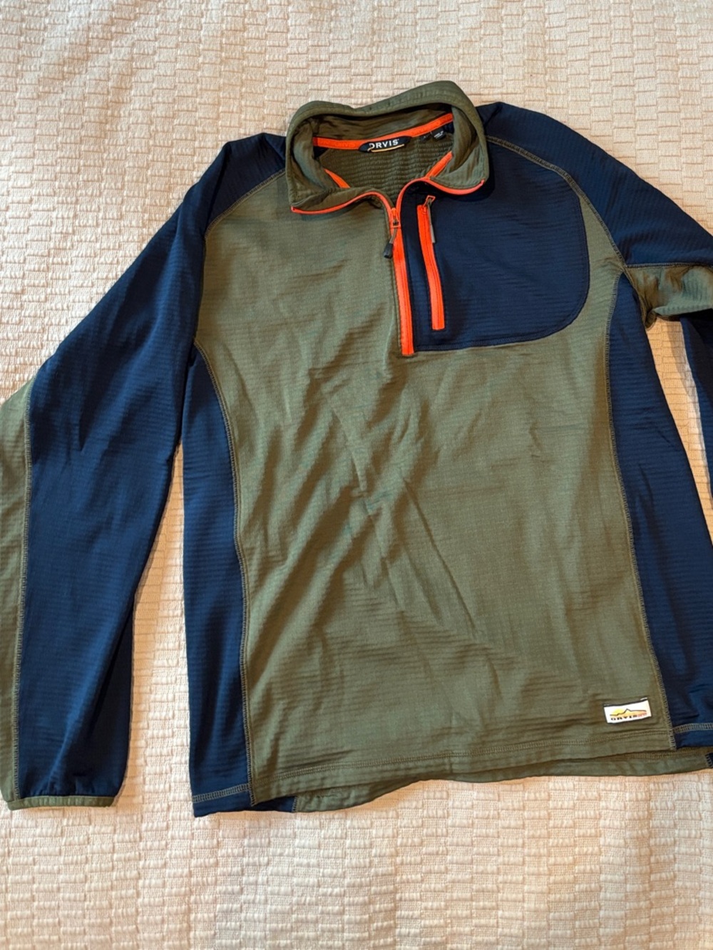 Orvis Olive and Navy Long-Sleeve Half-Zip Pullover with Orange Trim Size M